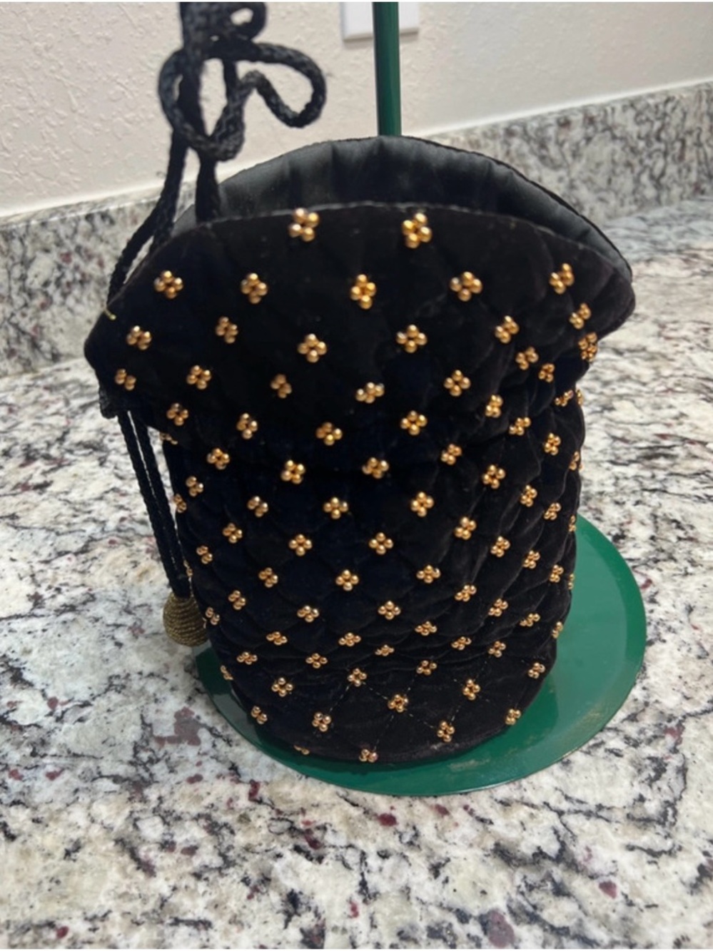 Black Quilted Velvet Mini Drawstring Bag with Gold Bead Accents